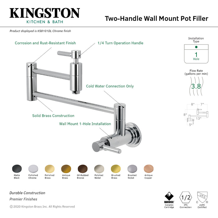 Kingston Brass Concord KS8106DL Two-Handle 1-Hole Wall Mount Pot Filler,  Polished Nic