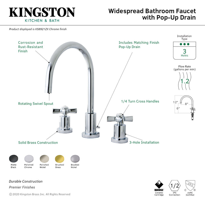 Millennium KS8928ZX Two-Handle 3-Hole Deck Mount Widespread Bathroom Faucet with Brass Pop-Up Drain, Brushed Nickel