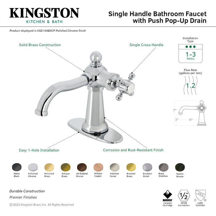 Nautical KSD154BXCP One-Handle 1-Hole Bathroom Faucet with Deck Plate and Push Pop-Up Drain, Polished Chrome