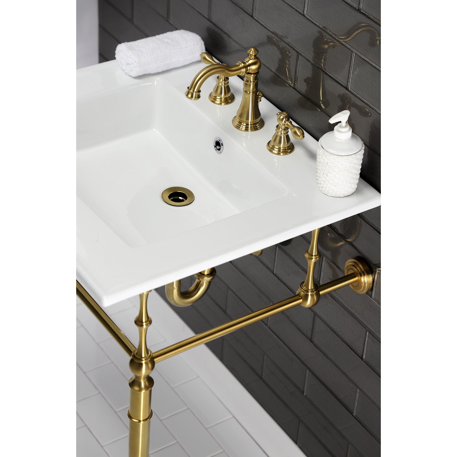 Kingston Brass Edwardian KVPB25227W8BB Console Sink, White/Brushed Brass