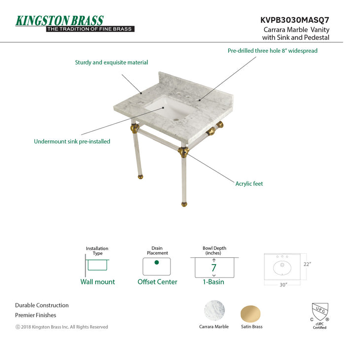 Fauceture KVPB3030MASQ7 30-Inch Marble Console Sink with Acrylic Feet, Carrara Marble/Brushed Brass