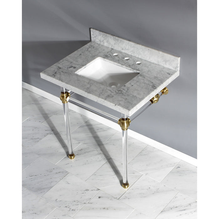 Fauceture KVPB3030MASQ7 30-Inch Marble Console Sink with Acrylic Feet, Carrara Marble/Brushed Brass