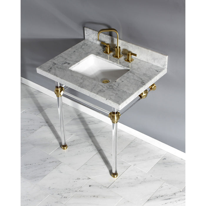 Fauceture KVPB3030MASQ7 30-Inch Marble Console Sink with Acrylic Feet, Carrara Marble/Brushed Brass