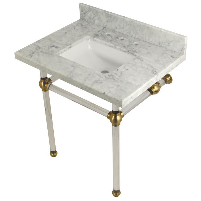 Fauceture KVPB3030MASQ7 30-Inch Marble Console Sink with Acrylic Feet, Carrara Marble/Brushed Brass