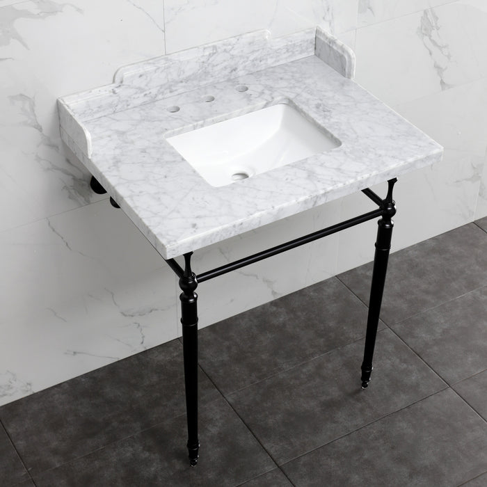 Fauceture LMS3022M8SQ0 30-Inch Carrara Marble Console Sink with Brass Legs, Marble White/Matte Black