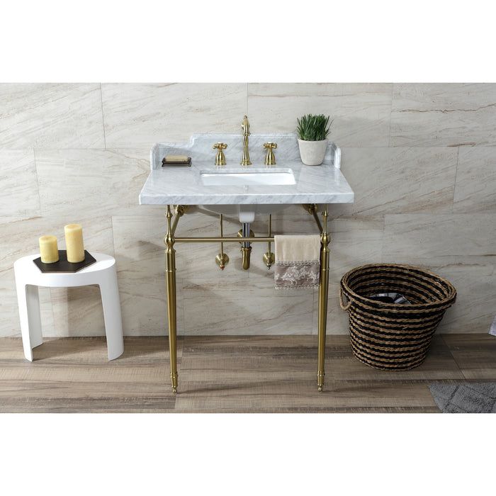 Fauceture LMS3022M8SQ7 30-Inch Carrara Marble Console Sink with Brass Legs, Marble White/Brushed Brass