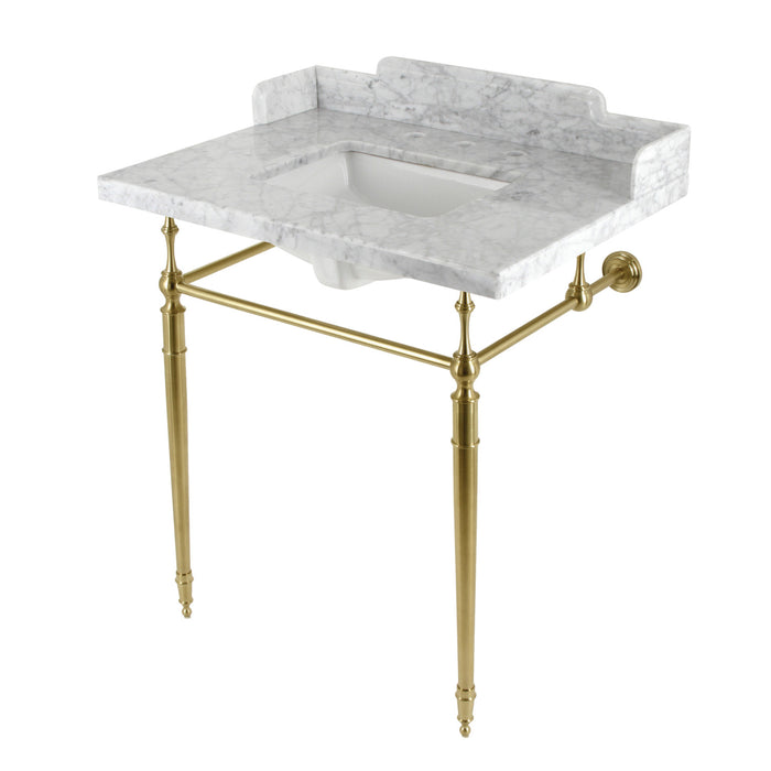 Fauceture LMS3022M8SQ7 30-Inch Carrara Marble Console Sink with Brass Legs, Marble White/Brushed Brass