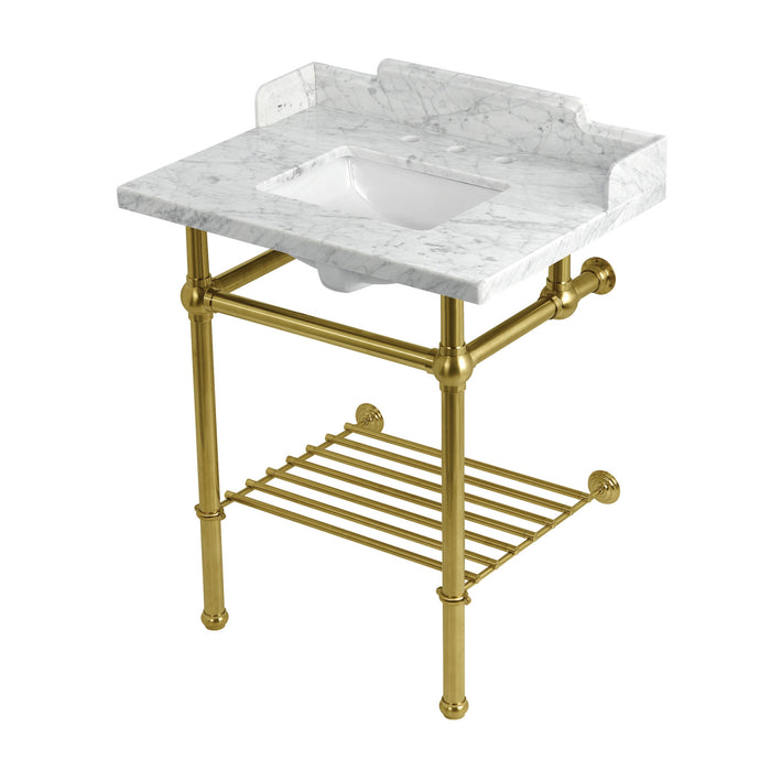 Pemberton LMS30MBSQB7 30-Inch Console Sink with Brass Legs (8-Inch, 3 Hole), Marble White/Brushed Brass