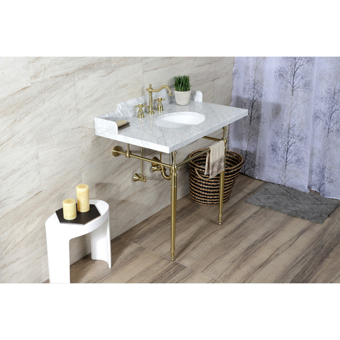 Fauceture LMS3622M87 36-Inch Carrara Marble Console Sink with Brass Legs, Marble White/Brushed Brass