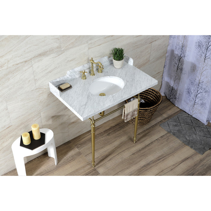 Fauceture LMS3622M87 36-Inch Carrara Marble Console Sink with Brass Legs, Marble White/Brushed Brass