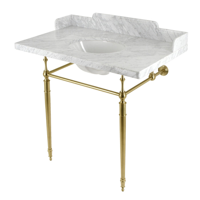 Fauceture LMS3622M87 36-Inch Carrara Marble Console Sink with Brass Legs, Marble White/Brushed Brass