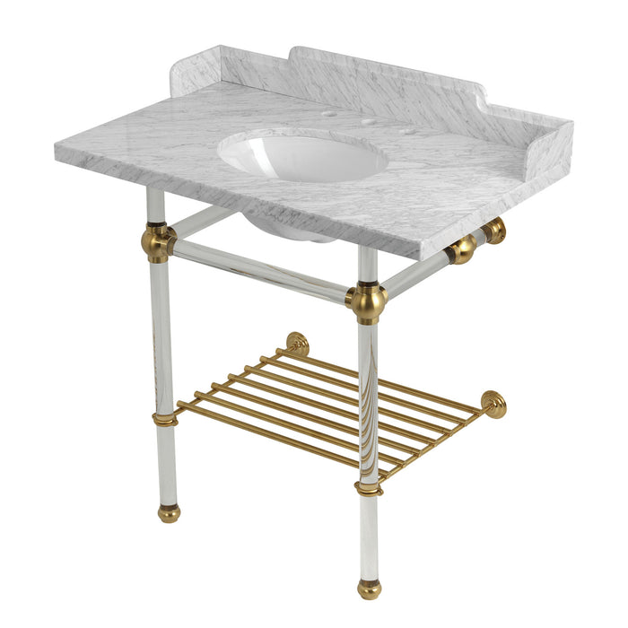 Pemberton LMS36MAB7 36-Inch Console Sink with Acrylic Legs (8-Inch, 3 Hole), Marble White/Brushed Brass