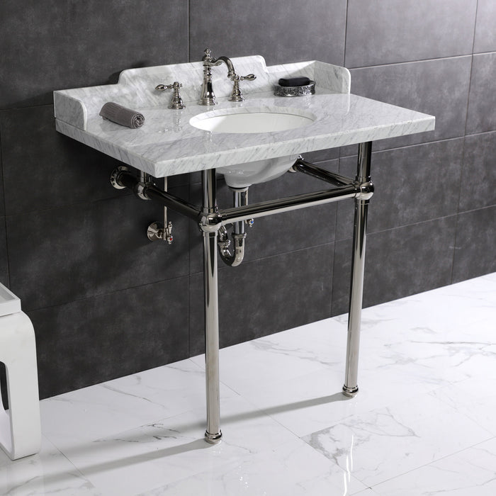 Fauceture LMS36MB6 36-Inch Carrara Marble Console Sink with Brass Legs, Marble White/Polished Nickel