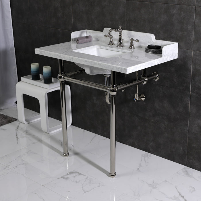 Kingston Brass KVPB36M8SQ6ST Dreyfuss 36 Carrara Marble Vanity Top with Stainless Steel Legs, Marble White/Polished Nickel