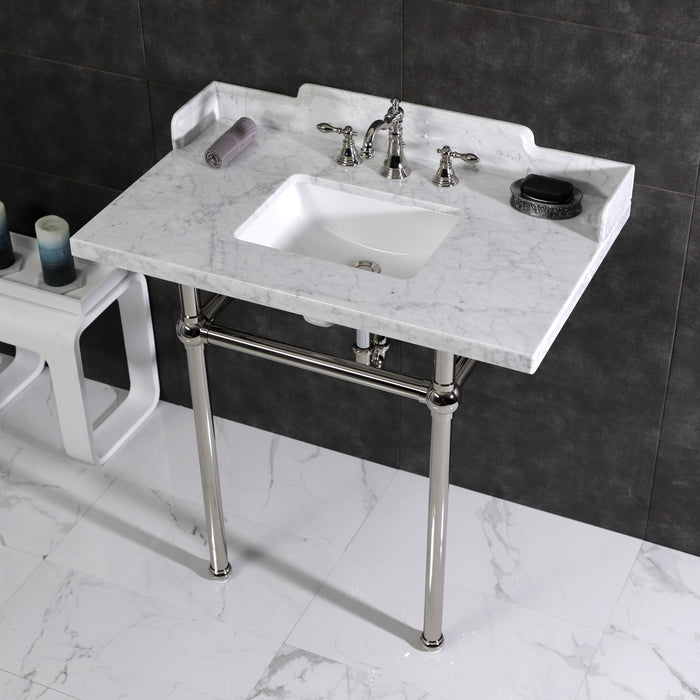 Kingston Brass KVPB36M8SQ6ST Dreyfuss 36 Carrara Marble Vanity Top with Stainless Steel Legs, Marble White/Polished Nickel