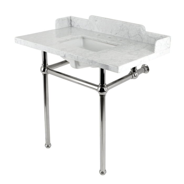 Kingston Brass KVPB36M8SQ6ST Dreyfuss 36 Carrara Marble Vanity Top with Stainless Steel Legs, Marble White/Polished Nickel