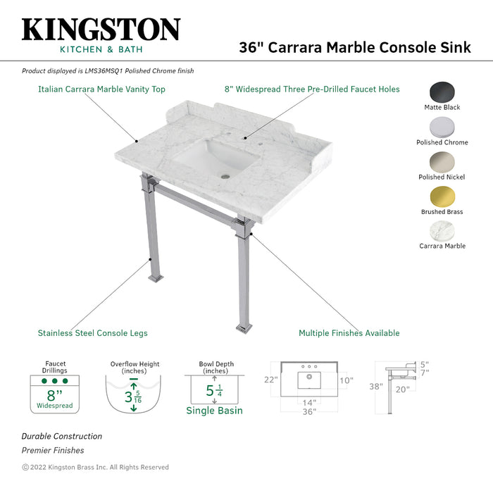 Fauceture LMS36MSQ0 36-Inch Carrara Marble Console Sink with Stainless Steel Legs, Marble White/Matte Black