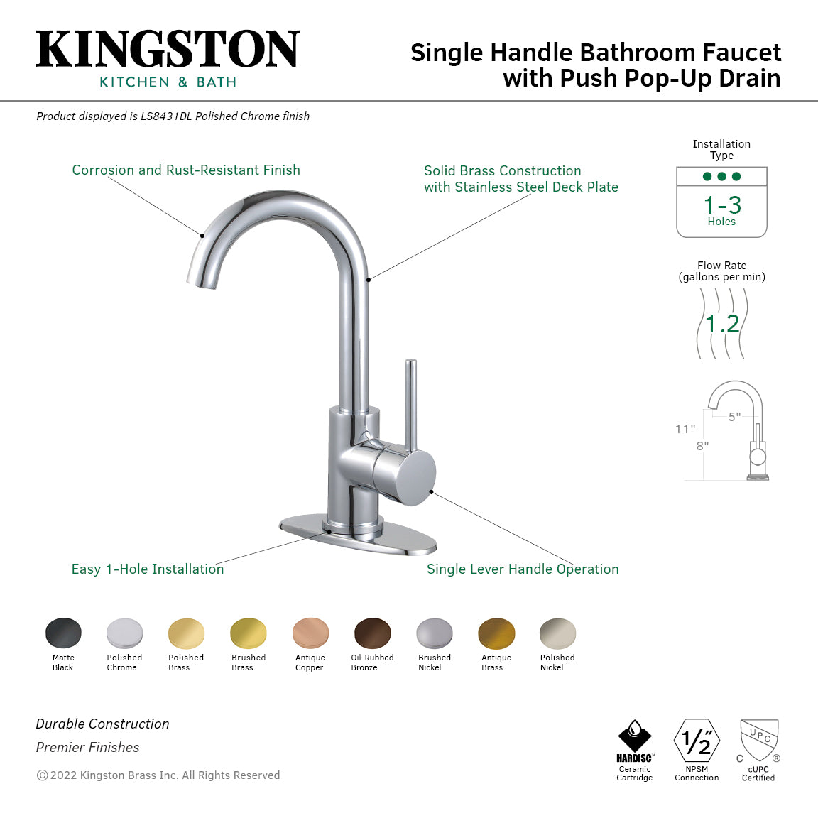 Concord LS8438DL Single-Handle 1-Hole Deck Mount Bathroom Faucet with Push  Pop-Up, Brushed Nickel