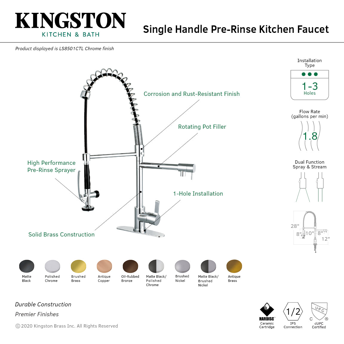 Kingston Brass LS8505CTL Oil Rubbed Bronze Continental 1.8 GPM Single Hole  Pre-Rinse Pull Down Kitchen Faucet 