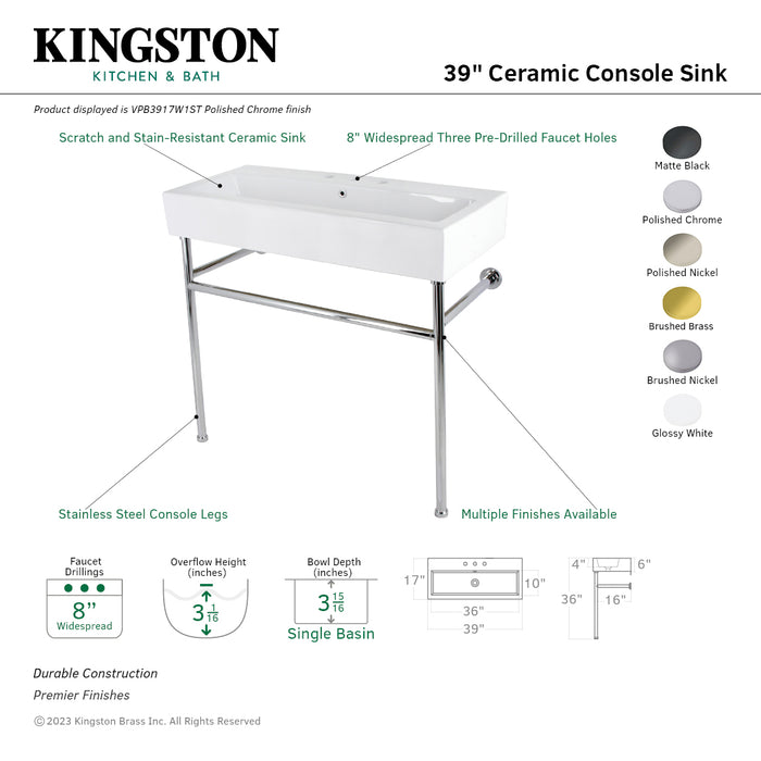 New Haven VPB3917W0ST 39-Inch Console Sink with Stainless Steel Legs  (8" Centers), White/Matte Black