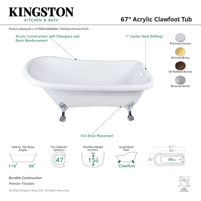 Aqua Eden VT7DE672826WAC2 67-Inch Acrylic Single Slipper Clawfoot Tub with 7-Inch Faucet Drillings, White/Polished Brass